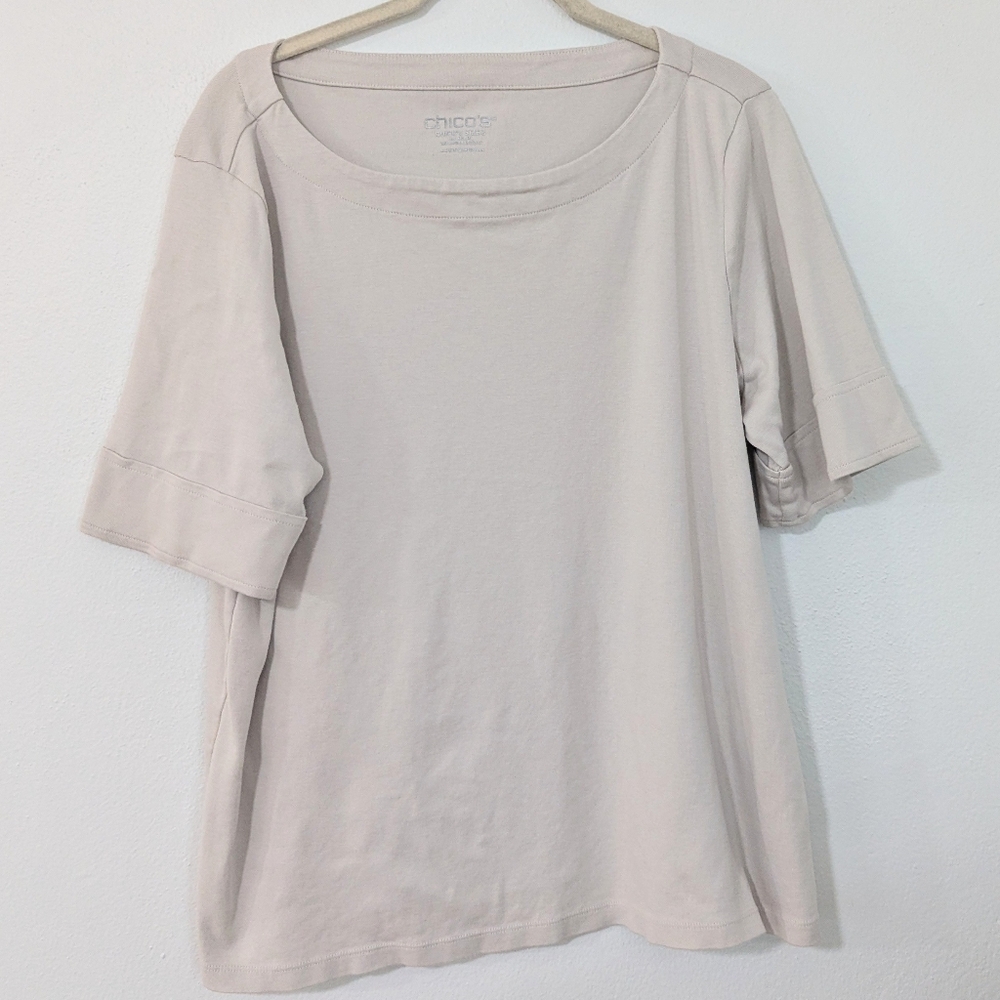 Chico's Bateau Top Wide Neck Elbow Sleeve Pima Cotton Knit Classic Beige 3 XL